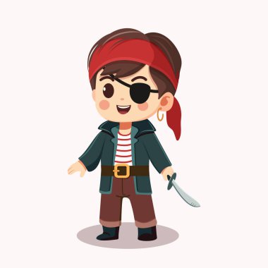 Beyaz arka planda kılıcı olan nazik ve tatlı bir korsan. Çizgi film karakteri düz stil. Vektör illüstrasyonu