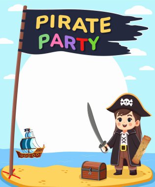 Doğum günü korsan partisi için davetiye şablonu. Kılıcı ve haritası olan şirin bir korsan kız. Sandık ve bayrakla adada. Çizgi film karakteri düz stil. Vektör illüstrasyonu