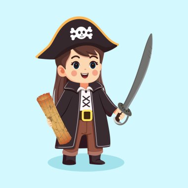 Beyaz arka planda kılıcı olan nazik ve tatlı bir korsan. Çizgi film karakteri düz stil. Vektör illüstrasyonu