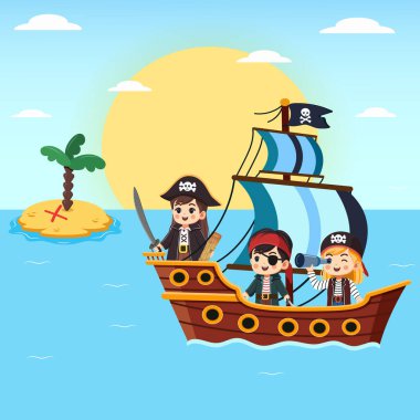Sevimli ve mutlu çocuklarla dolu tahta bir korsan gemisi hazine adasına yelken açıyor. Çizgi film düz stiliyle vektör illüstrasyonu.
