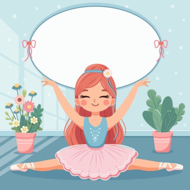 Pembe ve mavi elbiseli şirin balerin şablonu ikiye bölünüyor ve beyaz arka plana özel bir metin yerleştiriliyor. Poster, Banner, Flyer, tebrik kartı. Çizgi film tarzında vektör illüstrasyonu