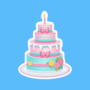 Güzel renkli dört katlı doğum günü pastası, mum, pembe fiyonk ve çiçekler. Poster, Banner, Flyer, tebrik kartı. Çizgi film tarzında vektör illüstrasyonu.