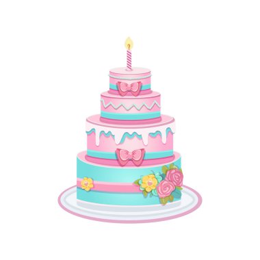 Güzel renkli dört katlı doğum günü pastası, mum, pembe fiyonk ve çiçekler. Poster, Banner, Flyer, tebrik kartı. Çizgi film tarzında vektör illüstrasyonu.