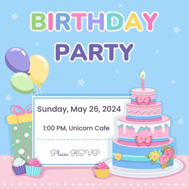 Pasta, balon, hediyeler ve çöreklerle doğum günü partisi için renkli bir davetiye. Düz biçimli vektör illüstrasyonu