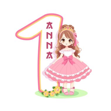 Pembe elbiseli, güzel gözlü ve beyaz arka planda bir numara olan sevimli prenses. Mutlu yıllar konsepti. Tebrik kartı ya da davetiye için. Çizgi film tarzında vektör illüstrasyonu