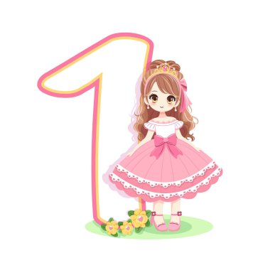 Pembe elbiseli, güzel gözlü ve beyaz arka planda bir numara olan sevimli prenses. Mutlu yıllar konsepti. Tebrik kartı ya da davetiye için. Çizgi film tarzında vektör illüstrasyonu