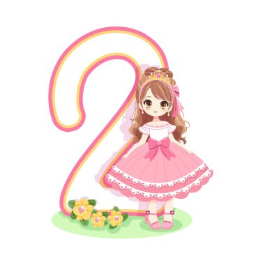 Pembe elbiseli, güzel gözlü ve beyaz arka planda iki numara olan sevimli prenses. Mutlu yıllar konsepti. Tebrik kartı ya da davetiye için. Çizgi film tarzında vektör illüstrasyonu
