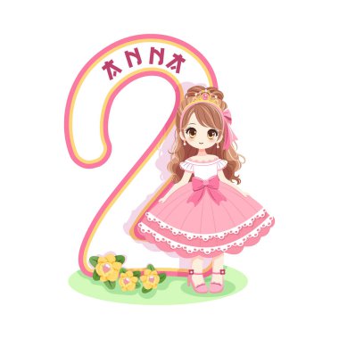 Pembe elbiseli, güzel gözlü ve beyaz arka planda iki numara olan sevimli prenses. Mutlu yıllar konsepti. Tebrik kartı ya da davetiye için. Çizgi film tarzında vektör illüstrasyonu