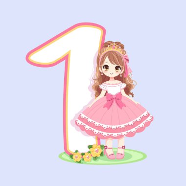 Güzel gözlü, pembe elbiseli ve bir numaralı sevimli prenses. Mutlu yıllar konsepti. Tebrik kartı ya da davetiye için. Çizgi film tarzında vektör illüstrasyonu