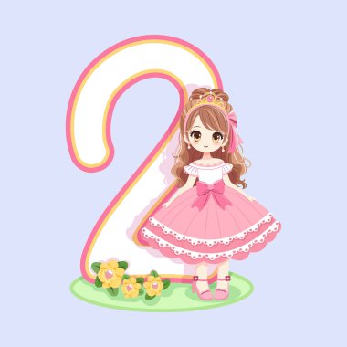Pembe elbiseli ve iki numaralı güzel gözlü şirin prenses. Mutlu yıllar konsepti. Tebrik kartı ya da davetiye için. Çizgi film tarzında vektör illüstrasyonu