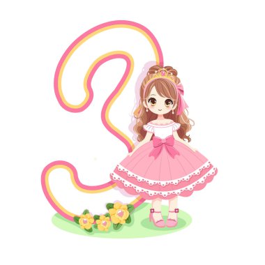 Pembe elbiseli, güzel gözlü ve beyaz arka planda 3 numaralı sevimli prenses. Mutlu yıllar konsepti. Tebrik kartı ya da davetiye için. Çizgi film tarzında vektör illüstrasyonu