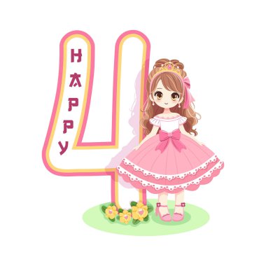 Pembe elbiseli, güzel gözlü ve beyaz arka planda 4 numara olan sevimli prenses. Mutlu yıllar konsepti. Tebrik kartı ya da davetiye için. Çizgi film tarzında vektör illüstrasyonu