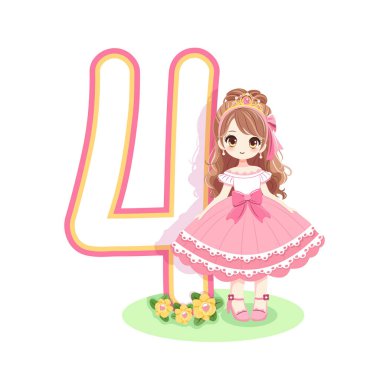 Pembe elbiseli, güzel gözlü ve beyaz arka planda 4 numara olan sevimli prenses. Mutlu yıllar konsepti. Tebrik kartı ya da davetiye için. Çizgi film tarzında vektör illüstrasyonu