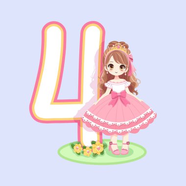 Pembe elbiseli ve 4 numaralı güzel gözlü şirin prenses. Mutlu yıllar konsepti. Tebrik kartı ya da davetiye için. Çizgi film tarzında vektör illüstrasyonu