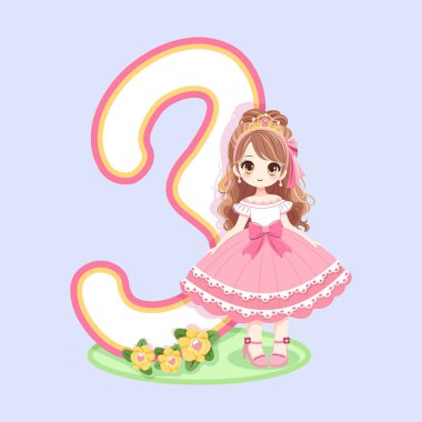 Pembe elbiseli, güzel gözlü ve 3 numaralı sevimli prenses. Mutlu yıllar konsepti. Tebrik kartı ya da davetiye için. Çizgi film tarzında vektör illüstrasyonu