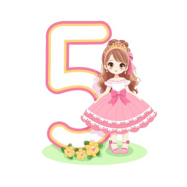 Pembe elbiseli, güzel gözlü ve beyaz arka planda 5 numara olan sevimli prenses. Mutlu yıllar konsepti. Tebrik kartı ya da davetiye için. Çizgi film tarzında vektör illüstrasyonu