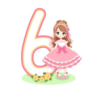 Pembe elbiseli, güzel gözlü ve beyaz arka planda 6 numaralı sevimli prenses. Mutlu yıllar konsepti. Tebrik kartı ya da davetiye için. Çizgi film tarzında vektör illüstrasyonu