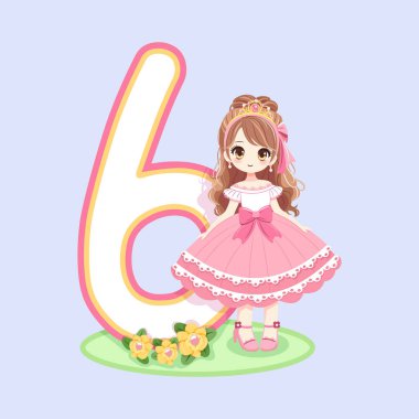 Pembe elbiseli ve 6 numaralı güzel gözlü şirin prenses. Mutlu yıllar konsepti. Tebrik kartı ya da davetiye için. Çizgi film tarzında vektör illüstrasyonu