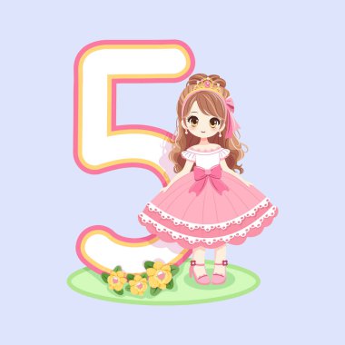 Pembe elbiseli ve 5 numaralı güzel gözlü şirin prenses. Mutlu yıllar konsepti. Tebrik kartı ya da davetiye için. Çizgi film tarzında vektör illüstrasyonu