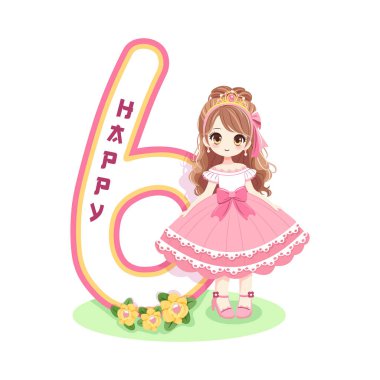 Pembe elbiseli, güzel gözlü ve beyaz arka planda 6 numaralı sevimli prenses. Mutlu yıllar konsepti. Tebrik kartı ya da davetiye için. Çizgi film tarzında vektör illüstrasyonu