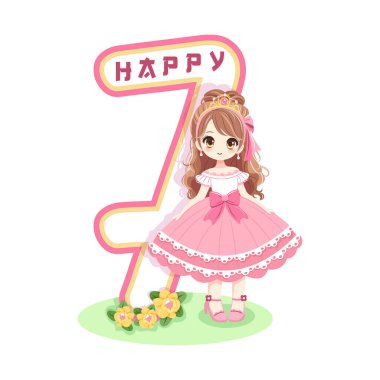 Pembe elbiseli, güzel gözlü şirin prenses ve beyaz arka planda 7 numara. Mutlu yıllar konsepti. Tebrik kartı ya da davetiye için. Çizgi film tarzında vektör illüstrasyonu