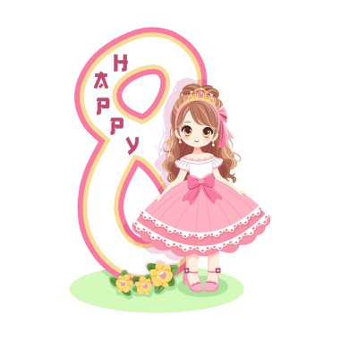 Pembe elbiseli, güzel gözlü şirin prenses ve beyaz arka planda 8 numara. Mutlu yıllar konsepti. Tebrik kartı ya da davetiye için. Çizgi film tarzında vektör illüstrasyonu