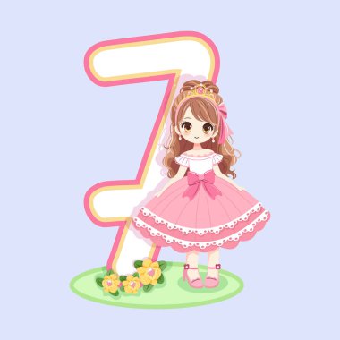 Pembe elbiseli ve 7 numaralı güzel gözlü şirin prenses. Mutlu yıllar konsepti. Tebrik kartı ya da davetiye için. Çizgi film tarzında vektör illüstrasyonu