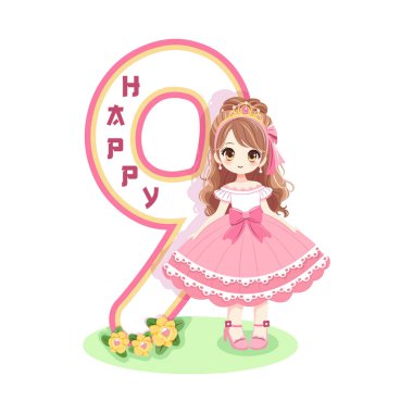 Pembe elbiseli, güzel gözlü ve beyaz arka planda 9 numara olan sevimli prenses. Mutlu yıllar konsepti. Tebrik kartı ya da davetiye için. Çizgi film tarzında vektör illüstrasyonu
