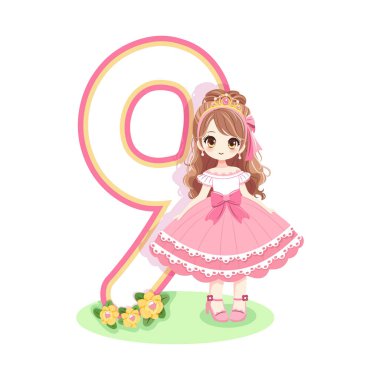 Pembe elbiseli, güzel gözlü ve beyaz arka planda 9 numara olan sevimli prenses. Mutlu yıllar konsepti. Tebrik kartı ya da davetiye için. Çizgi film tarzında vektör illüstrasyonu