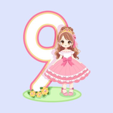 Pembe elbiseli ve 9 numaralı güzel gözlü şirin prenses. Mutlu yıllar konsepti. Tebrik kartı ya da davetiye için. Çizgi film tarzında vektör illüstrasyonu