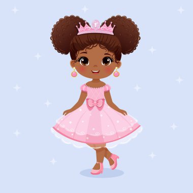 Güzel kahverengi gözlü, pembe elbiseli, siyah saçlı, tatlı prenses kız. Poster, Banner, Flyer, tebrik kartı. Çizgi film tarzında vektör illüstrasyonu.