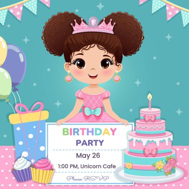 Doğum günü partisi için davetiye şablonu. Pembe elbiseli ve tacı olan güzel gözlü şirin prenses. Poster, Banner, Flyer, tebrik kartı. Çizgi film tarzında vektör illüstrasyonu.