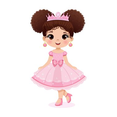 Güzel kahverengi gözlü, pembe elbiseli, beyaz arkaplanlı siyah saçlı tatlı prenses kız. Poster, Banner, Flyer, tebrik kartı. Çizgi film tarzında vektör illüstrasyonu.