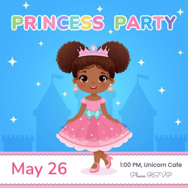 Doğum günü partisi için davetiye şablonu. Pembe elbiseli ve tacı olan güzel gözlü şirin prenses. Poster, Banner, Flyer, tebrik kartı. Çizgi film tarzında vektör illüstrasyonu.