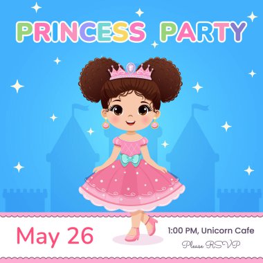 Doğum günü partisi için davetiye şablonu. Pembe elbiseli ve tacı olan güzel gözlü şirin prenses. Poster, Banner, Flyer, tebrik kartı. Çizgi film tarzında vektör illüstrasyonu.