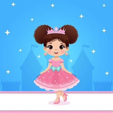 Güzel kahverengi gözlü, pembe elbiseli, siyah saçlı, tatlı prenses kız. Poster, Banner, Flyer, tebrik kartı. Çizgi film tarzında vektör illüstrasyonu.