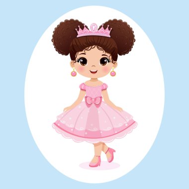 Güzel kahverengi gözlü, pembe elbiseli, siyah saçlı, tatlı prenses kız. Poster, Banner, Flyer, tebrik kartı. Çizgi film tarzında vektör illüstrasyonu.