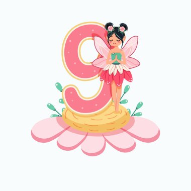 Şirin ve mütevazı peri beyaz arka planda 9 numara olan güzel bir çiçeğin üzerinde duruyor. Flora ve Fauna. Doğum günü, Banner, Flyer, tebrik kartı. Çizgi film tarzında vektör illüstrasyonu