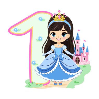 Mavi elbiseli, güzel gözlü ve beyaz arka planda bir numara olan sevimli prenses. Mutlu yıllar konsepti. Tebrik kartı ya da davetiye için. Çizgi film tarzında vektör illüstrasyonu