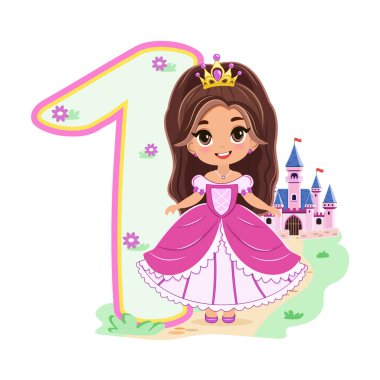 Pembe elbiseli, güzel gözlü ve beyaz arka planda bir numara olan sevimli prenses. Mutlu yıllar konsepti. Tebrik kartı ya da davetiye için. Çizgi film tarzında vektör illüstrasyonu