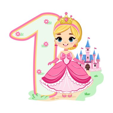 Pembe elbiseli, güzel gözlü ve beyaz arka planda bir numara olan sevimli prenses. Mutlu yıllar konsepti. Tebrik kartı ya da davetiye için. Çizgi film tarzında vektör illüstrasyonu
