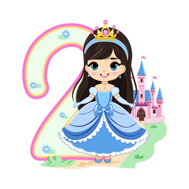 Mavi elbiseli, güzel gözlü ve beyaz arka planda iki numara olan sevimli prenses. Mutlu yıllar konsepti. Tebrik kartı ya da davetiye için. Çizgi film tarzında vektör illüstrasyonu