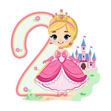 Pembe elbiseli, güzel gözlü ve beyaz arka planda iki numara olan sevimli prenses. Mutlu yıllar konsepti. Tebrik kartı ya da davetiye için. Çizgi film tarzında vektör illüstrasyonu
