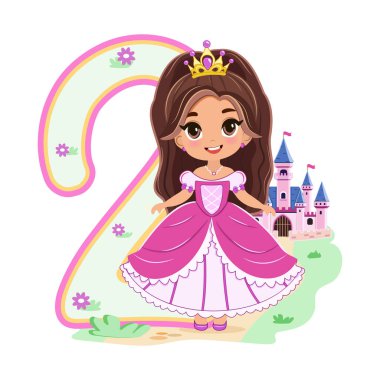 Pembe elbiseli, güzel gözlü ve beyaz arka planda iki numara olan sevimli prenses. Mutlu yıllar konsepti. Tebrik kartı ya da davetiye için. Çizgi film tarzında vektör illüstrasyonu