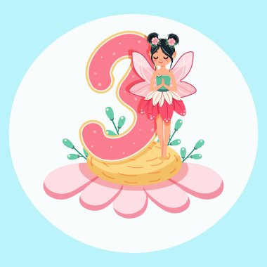 Şirin ve mütevazı peri beyaz arka planda 3 numara olan güzel bir çiçeğin üzerinde duruyor. Flora ve Fauna. Doğum günü, Banner, Flyer, tebrik kartı. Çizgi film tarzında vektör illüstrasyonu