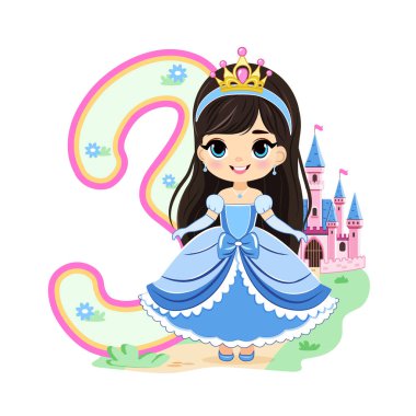 Mavi elbiseli, güzel gözlü ve beyaz arka planda 3 numaralı sevimli prenses. Mutlu yıllar konsepti. Tebrik kartı ya da davetiye için. Çizgi film tarzında vektör illüstrasyonu