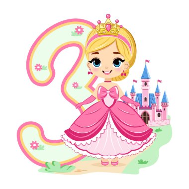 Pembe elbiseli, güzel gözlü ve beyaz arka planda 3 numaralı sevimli prenses. Mutlu yıllar konsepti. Tebrik kartı ya da davetiye için. Çizgi film tarzında vektör illüstrasyonu