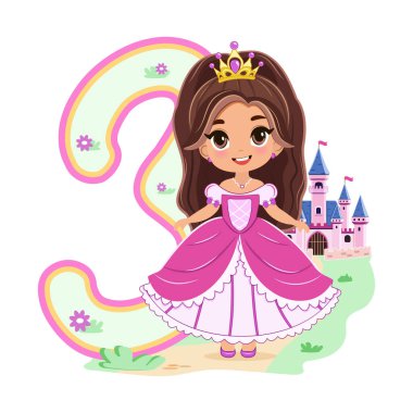 Pembe elbiseli, güzel gözlü ve beyaz arka planda 3 numaralı sevimli prenses. Mutlu yıllar konsepti. Tebrik kartı ya da davetiye için. Çizgi film tarzında vektör illüstrasyonu