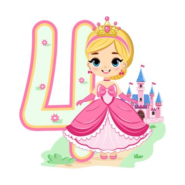 Pembe elbiseli, güzel gözlü ve beyaz arka planda 4 numara olan sevimli prenses. Mutlu yıllar konsepti. Tebrik kartı ya da davetiye için. Çizgi film tarzında vektör illüstrasyonu