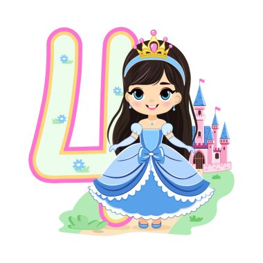 Mavi elbiseli, güzel gözlü şirin prenses ve beyaz arka planda 4 numara. Mutlu yıllar konsepti. Tebrik kartı ya da davetiye için. Çizgi film tarzında vektör illüstrasyonu